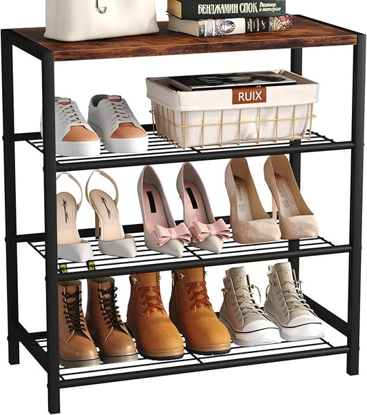 Yusong Shoe Rack Organizer, 4 Tier Industrial Shoe Storage Shelf, Narrow Sturdy Metal Shoe Shelves for Closet Entryway, Rustic Brown-NeatNest