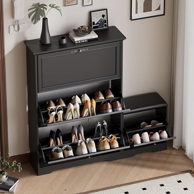 Entryway Shoe Cabinet with Bench, Hidden Storage and Adjustable Shelves, Wooden Shoe Rack and Organizer for Hallway, Mudroom, Closet, Small Apartment