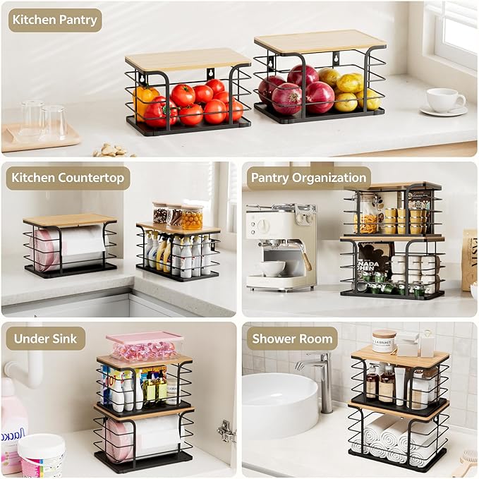 2 Pack Onion Storage,Stackable Pantry Organizers and Storage with PP Liner and Bamboo Top,Kitchen Organization Counter Basket for Fruits,Produce,Vegetable, Black