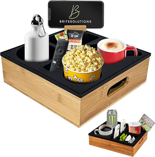 Bamboo Couch Cup Holder – 100% Wood Frame & Removable BPA-Free Silicone – Waterproof Anti-Spill Couch Tray & Couch Caddy for Bed, Sofa & Car Seat – Holds Snacks, Beverages & Remote-NeatNest