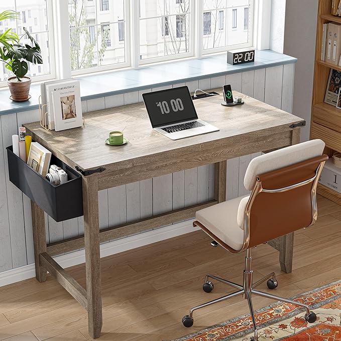 EnHomee 32 Inch Small Desk with Detachable Storage Bag, Modern Simple Computer Desk with Power Outlet, Study Writing Table for Small Spaces, Study Desks for Bedroom, Ash Gray-NeatNest