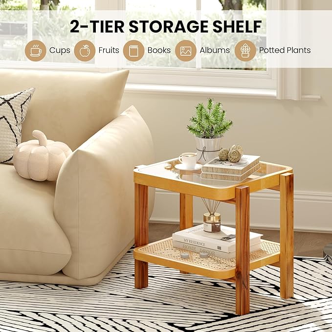 GOFLAME Rattan End Table, Boho Nightstand with Tempered Glass Top, Rattan Storage Shelf, Solid Wood Legs, Sofa Side Accent Table, 2 Tier Glass Side Table for Living Room, Bedroom, Natural