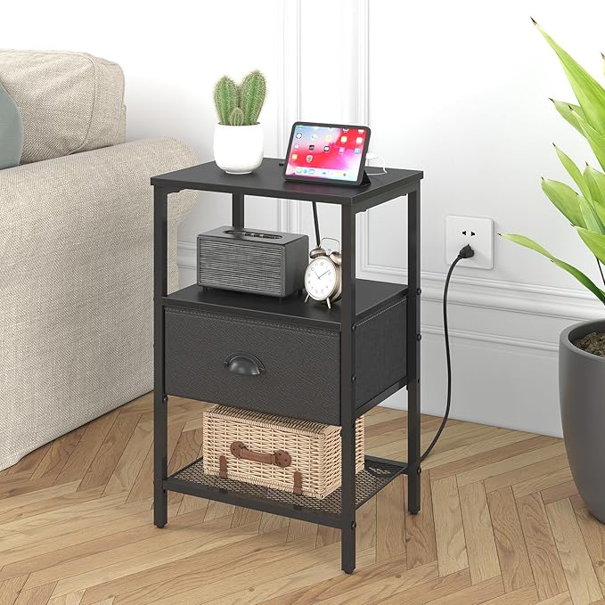 Nightstands Set of 2, Black Night Stands with Charging Station, Bedside Tables with Fabric Drawers PU Finish, 2-Tier Side Table with Open Shelf, Nightstands with Drawer,Black