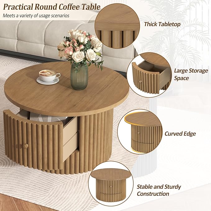 30.5" Round Storage Coffee Table, Rustic Circle Coffe Table for Living Room, Fluted Accent Wood Center Tables Farmhouse, Tea Table with Drawer for Apartment Small Space - Oak