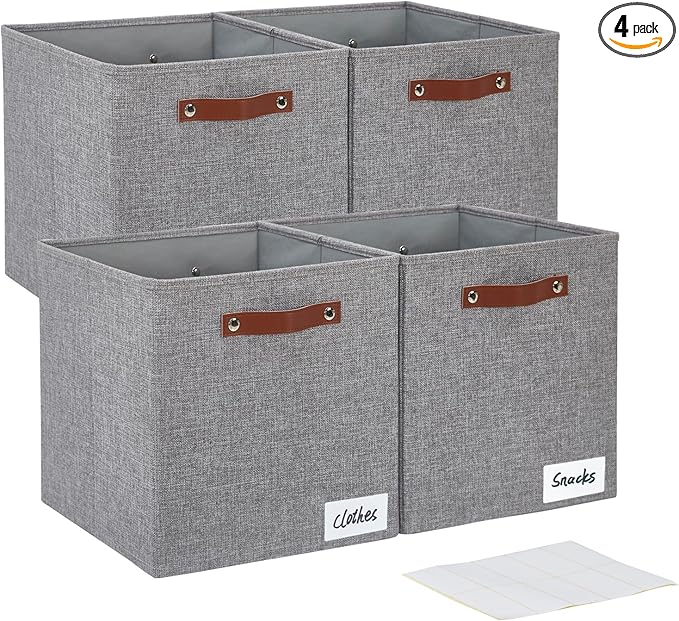 Collapsible Fabric Storage Cube Bins with 2 Reinforced PU Handles, Foldable Storage Organizer Baskets for Closet, Shelves, Living Room | 13"x13"x13", 4 Pack, Full Gray-NeatNest