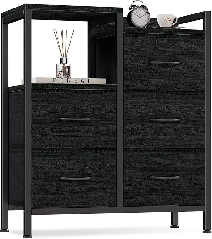 Furnulem 5 Drawer Black Dressers for Bedroom 2 Tier Shelf Storage Small Fabric Dresser for Closet Sturdy Metal Frame Modern Style Storage Cabinets Organization Units for Hallway Rooms-NeatNest