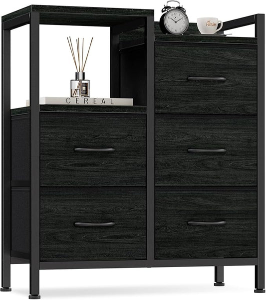 Furnulem 5 Drawer Black Dressers for Bedroom 2 Tier Shelf Storage Small Fabric Dresser for Closet Sturdy Metal Frame Modern Style Storage Cabinets Organization Units for Hallway Rooms-NeatNest