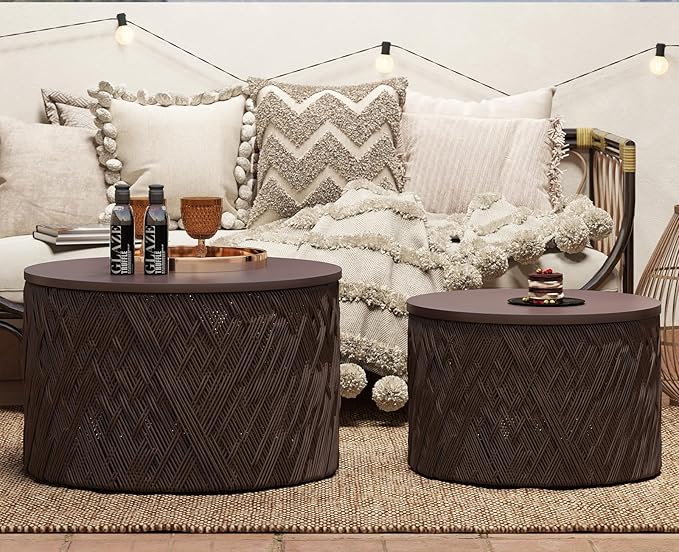 chairus Nesting Coffee Table Set of 2 Woven Round Coffee Table with Storage Solid Wood Side Table for Small Spaces, Living Room, Bedroom, Office, Dark Brown-NeatNest