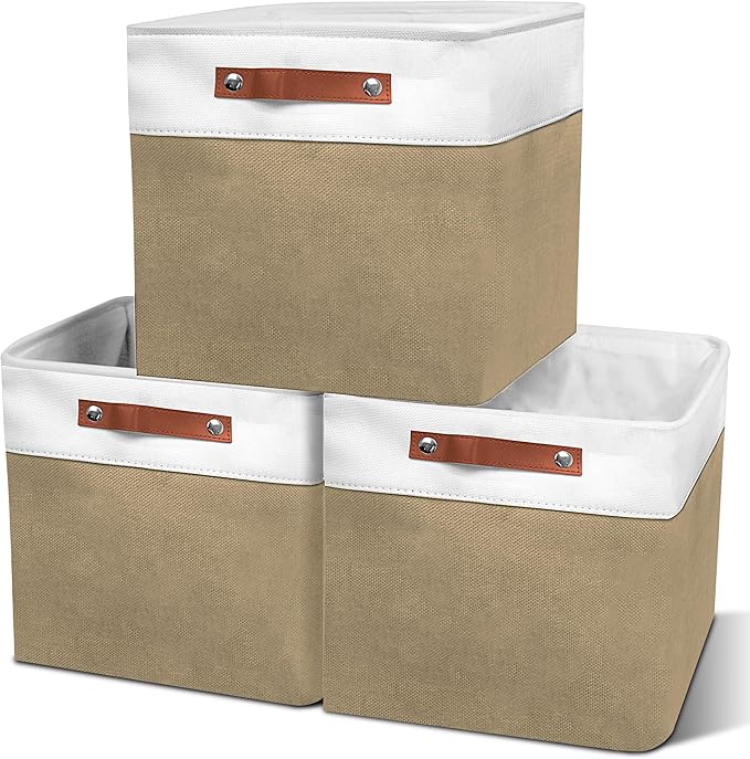 11in Open Fabric Storage Basket with Leather Handles for Organizing, Collapsible Linen Closet Bins for Shelves, Closets, Laundry, Decorative Basket for Gifts. (White＆Khaki, 3PCS/11x11in)-NeatNest