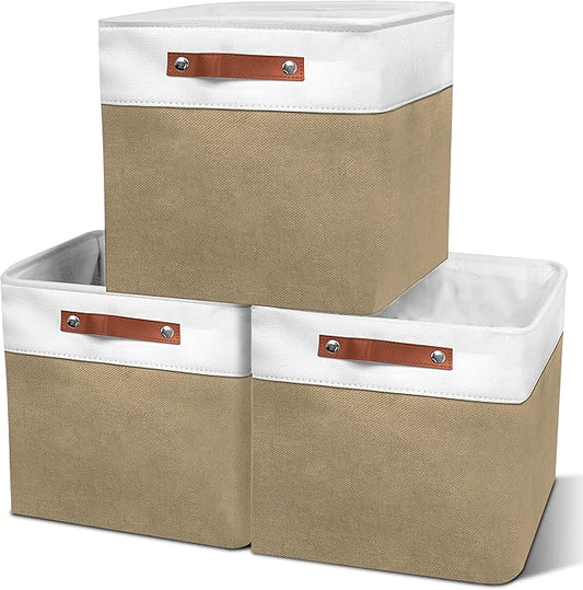11in Open Fabric Storage Basket with Leather Handles for Organizing, Collapsible Linen Closet Bins for Shelves, Closets, Laundry, Decorative Basket for Gifts. (White＆Khaki, 3PCS/11x11in)-NeatNest