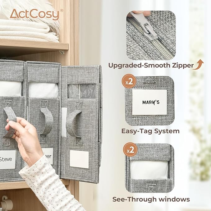 12Pack Sheet Organizers and Storage with Handles – Foldable Linen Closet Storage for King & Queen Sheet Sets – Clear Window & Removable Labels – Dustproof & Space-Saving Design, Grey-NeatNest