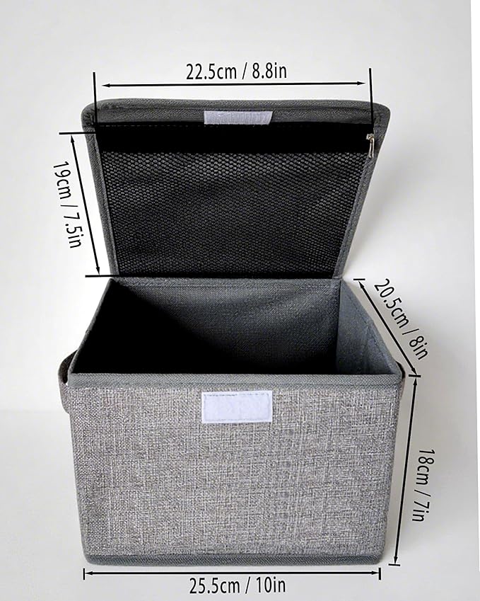 2 Pack Small Storage Box, Storage Basket with Lid, Foldable Cotton Linen Fabric Keepsake Box, Organizer Container with Zipper for Decorative, Medicine, Greeting Card Organizer.(Gray)-NeatNest