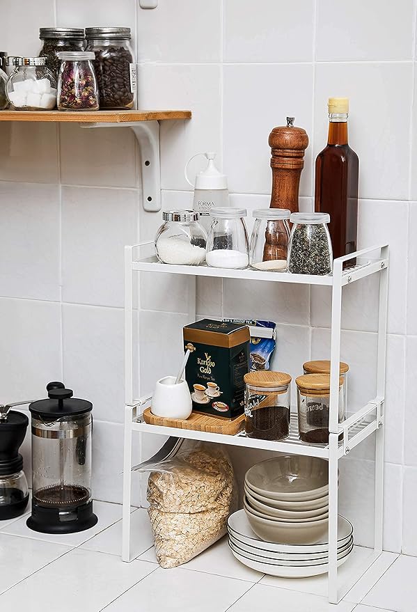 2pk Kitchen Cabinet Shelf Counter Organizer Rack Pantry Storage Bathroom Bedroom Office Table Desk Space Saving Steel Frame Stackable Rust Resistant Non Slip White-Tall- L13in W8.3in H9.5in-NeatNest