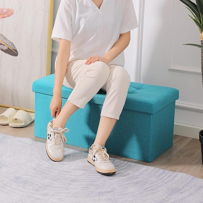 CUYOCA Storage Ottoman Bench Foldable Seat Footrest Shoe Bench End of Bed Storage with Flipping Lid, 75L Storage Space, 30 inches Linen Fabric Teal Blue-NeatNest