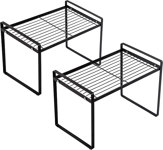 2pk Kitchen Cabinet Shelf Counter Organizer Rack Pantry Storage Bathroom Bedroom Office Table Desk Space Saving Steel Frame Stackable Rust Resistant Non Slip Black-Tall-L13in W8.3in H9.5in-NeatNest