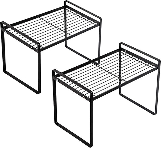 2pk Kitchen Cabinet Shelf Counter Organizer Rack Pantry Storage Bathroom Bedroom Office Table Desk Space Saving Steel Frame Stackable Rust Resistant Non Slip Black-Tall-L13in W8.3in H9.5in-NeatNest