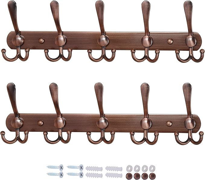 Dseap Wall Mounted Coat Rack - 5 Tri Hooks, Heavy Duty, Stainless Steel, Metal Coat Hook Rail for Coat Hat Towel Purse Robes Mudroom Bathroom Entryway (Antique Copper, 2 Packs)-NeatNest