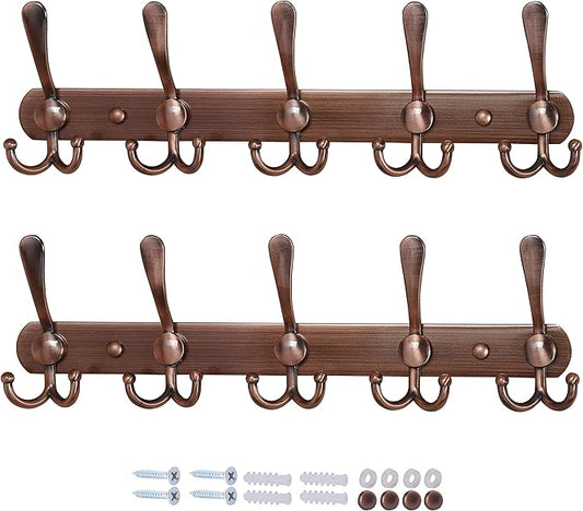 Dseap Wall Mounted Coat Rack - 5 Tri Hooks, Heavy Duty, Stainless Steel, Metal Coat Hook Rail for Coat Hat Towel Purse Robes Mudroom Bathroom Entryway (Antique Copper, 2 Packs)-NeatNest