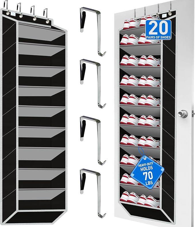 Heavy-Duty, over the door shoe organizer, Extra Large 10 Tiers, over door shoe organizer, coated hooks grip firmly without scratching paint,75LB, door shoe rack,Grey-NeatNest