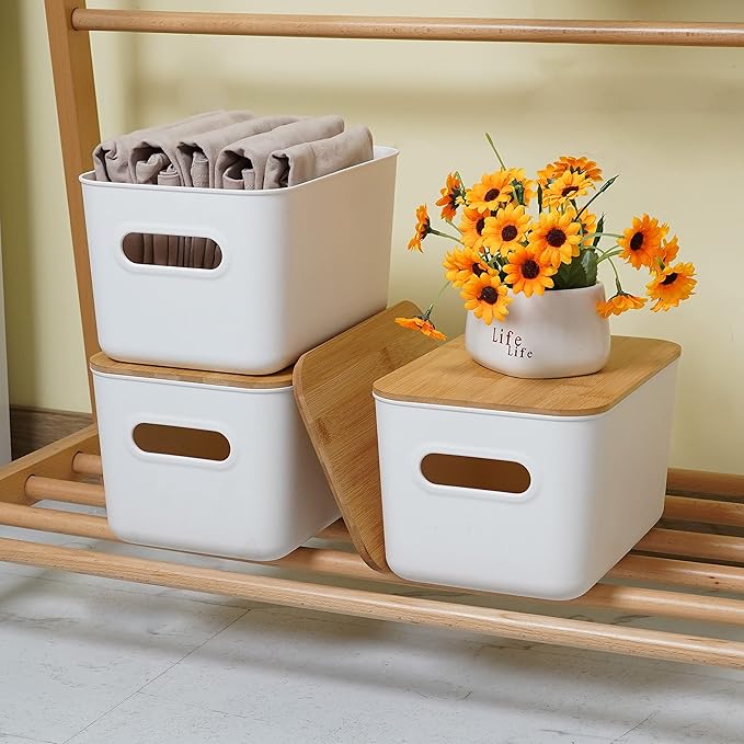 Citylife 4 PCS Storage Bins with Bamboo Lids Plastic Storage Containers for Organizing Stackable Storage Box with Handle, 10.23 x 7.08 x 6.3 inch-NeatNest