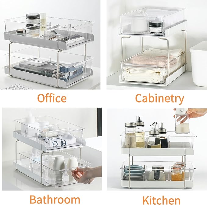 vacane 2 Tier Multi-Purpose Cabinet Organizer, Under Sink Organizers and Storage Stackable Pantry Organization with Dividers Storage Container for Vanity Makeup，Bathroom，Kitchen, Short