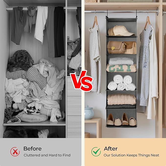 GRANNY SAYS 6 Shelf Hanging Closet Organizers and Storage, Collapsible Closet Hanging Organizer with 2 Sturdy Hooks, Large Hanging Shelves for Closet, Bedroom, Dark Gray-NeatNest