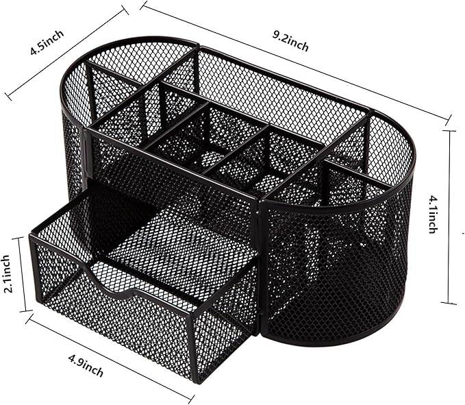 Comix Mesh Pen Pencil Holder Desk Organizer, 8 Compartment and 1 Drawer Wire Desktop Pen Pencil Cup Caddy Office Supplies Accessories for Home Office School, Black-NeatNest