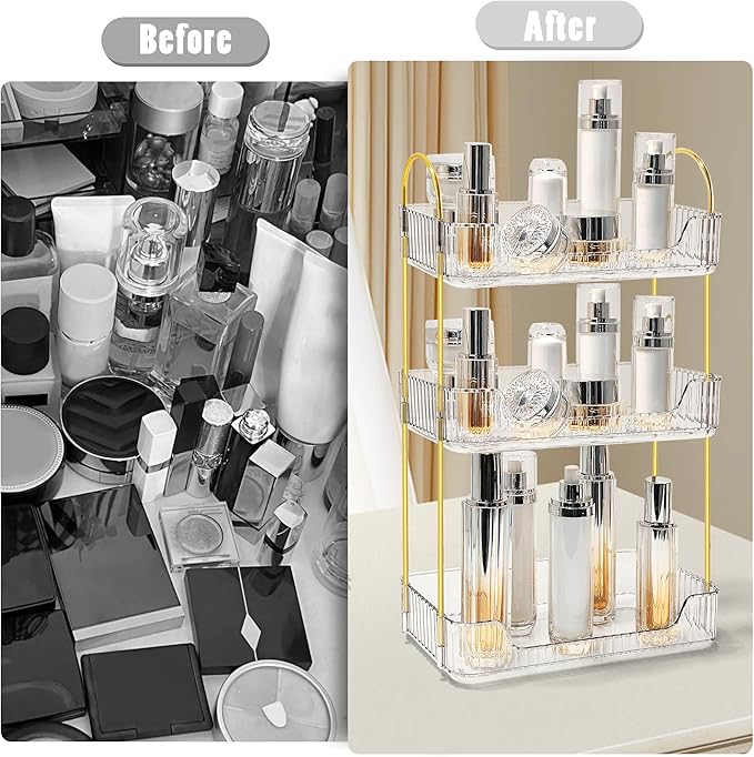 Bathroom Counter Organizer Countertop Storage Skincare Countertop Makeup Organizer Cosmetics Skincare Organizers Holder for Perfume-Clear-Golden Pole-3 Tier-NeatNest