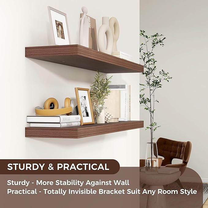 Floating Shelves for Wall, 36"W x 7.8"D x 1.5"H, 2 Pack of Long Wall Mounted Engineered Wood Shelves with Invisible Brackets for Living Room, Bedroom, Bathroom, Kitchen Decor and Storage, Walnut-NeatNest