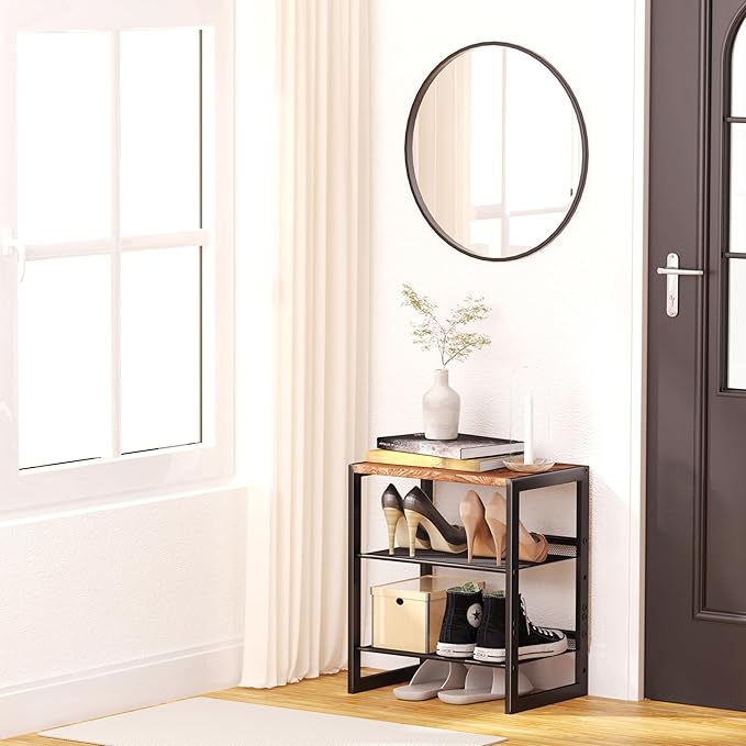 Narrow 3-Tier Shoe Rack, Slim Space-Saving Shelf with Decorative Wood Top & Steel Mesh, Entryway/Closet/Dorm Organizer, 16.5x11.8x19.8 Inches-NeatNest