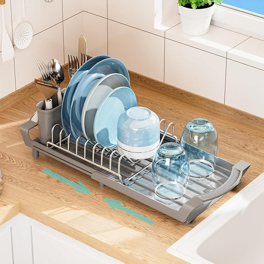 Expandable Dish Drying Rack for Sink or Countertop – Compact Stainless Steel Dish Drainer with Removable Utensil Holder, Rustproof Plate Rack for Small Kitchen Spaces, Grey