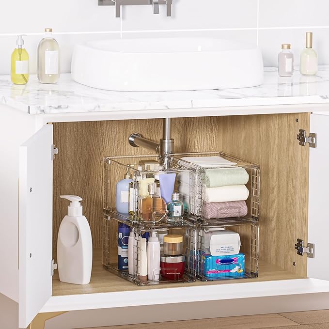 Vtopmart 2 Pack Large Stackable Storage Drawers,Clear Acrylic Drawer Organizers with Handles, Easily Assemble for Bathroom,Kitchen Undersink,Cabinet,Closet,Makeup,Pantry organization and Storage-NeatNest