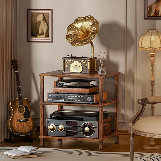 3-Tier AV Media Player Stand, brown Stereo Cabinet, Modern Stereo Cabine,Game Console Shelf,Wooden TV Stand,Multifunctional Entertainment Center, Suitable for Home, Conference Room, Game Studio-NeatNest