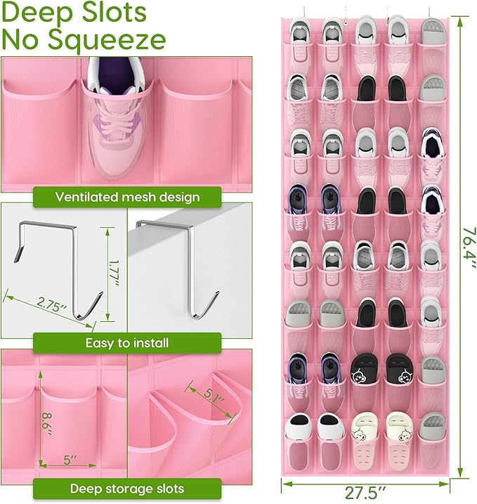 Unjumbly Over the Door Shoe Organizer with 40 Large Breathable Mesh Pockets, Space Saving Shoe Holder, Hanging Shoe Rack for Entryway Bedroom Closet Storage (Pink, 40 Pockets)-NeatNest