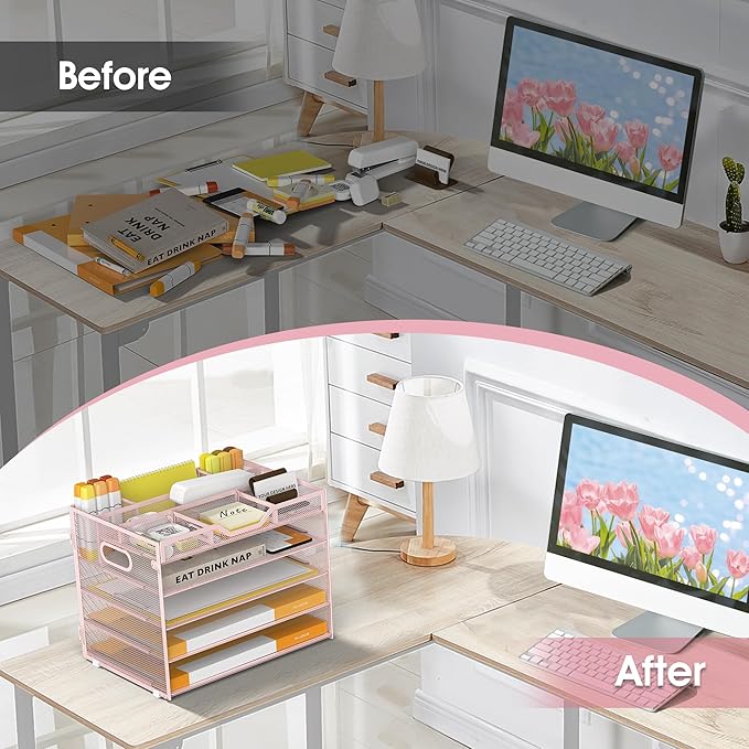 5 Tier Paper Letter Tray with 3 Drop-in Pen Holders, Mesh Desk File Organizer with Handle, Desk Organizers and Accessories for School,Home, Office Supplies Storage-Pink-NeatNest