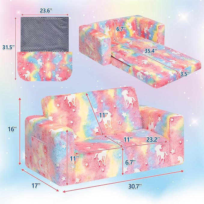 ALIMORDEN Fold Out Toddler Couch, Extra Wide Comfy 2-in-1 Cuddly Sherpa Sofa for Kids, with Removable Baby Friendly Blanket, Convertible Sofa to Bed, Unicorn-NeatNest