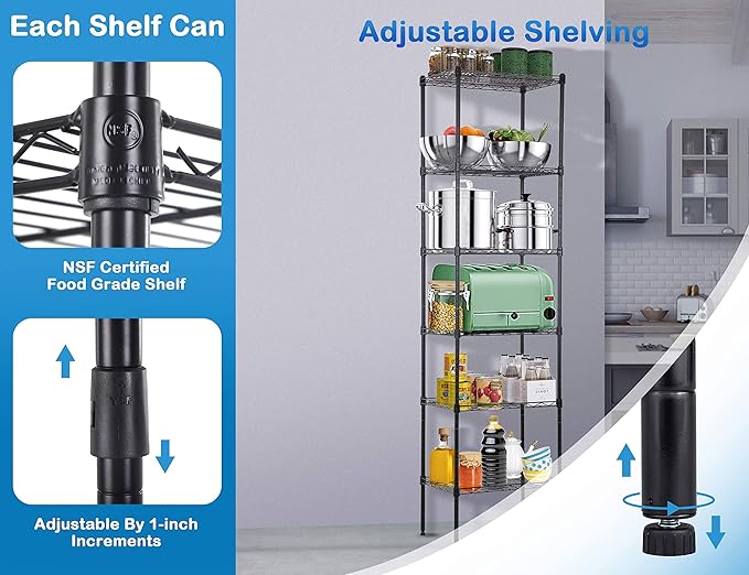6-Tier Metal Wire Shelf Storage Rack NSF Certified, 17"L x 12"W x 63"H, Modern Style, 6 Shelves, 600 Lbs Capacity, Kitchen & Garage