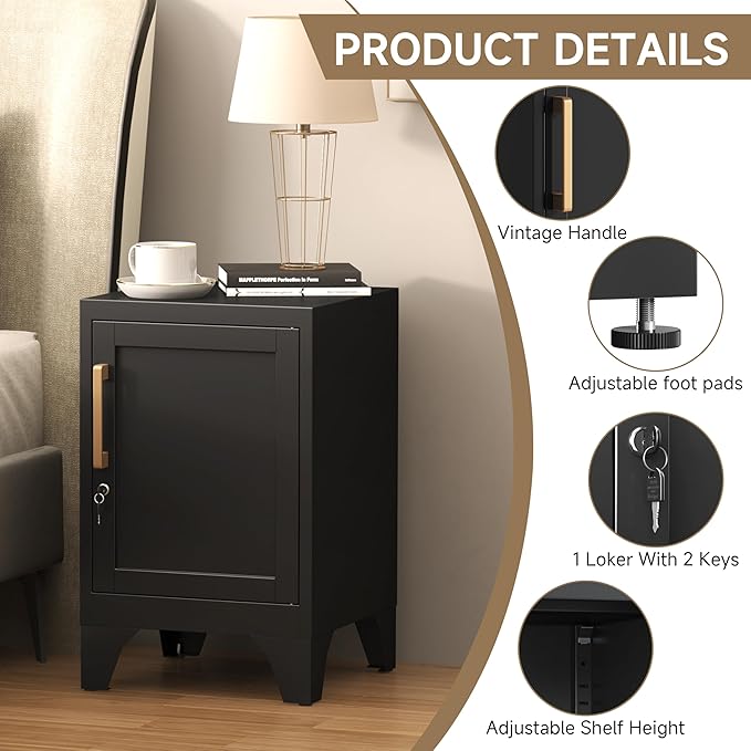 23.6" H Black Metal NightStand Locker End Table with 1 Doors,Steel Bedside Storage Cabinet with Removable Shelf,Side Table with Adjustable Leveling Foot for Home Office Living Room or Bed Room