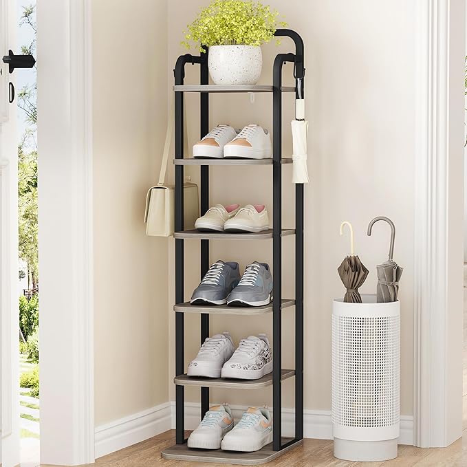 6 Tiers Vertical Shoe Rack, Narrow Shoe Tower, Tall Shoes Shelf with 2 Hooks, Adjustable Shelves, Corner Shoes Shelves for Small Spaces, Entryway, Living Room, Greige, SR04205B-NeatNest