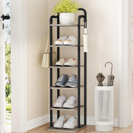 6 Tiers Vertical Shoe Rack, Narrow Shoe Tower, Tall Shoes Shelf with 2 Hooks, Adjustable Shelves, Corner Shoes Shelves for Small Spaces, Entryway, Living Room, Greige, SR04205B-NeatNest
