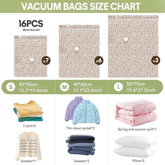 16 Pack Travel Vacuum Storage Bags with Electric Pump, 3 Large + 6 Medium + 7 Small Vacuum Sealer Bags, 80% Space Saver Bags for Luggage, Comforters and Blankets, Travel Essentials(Beige Leopard)-NeatNest