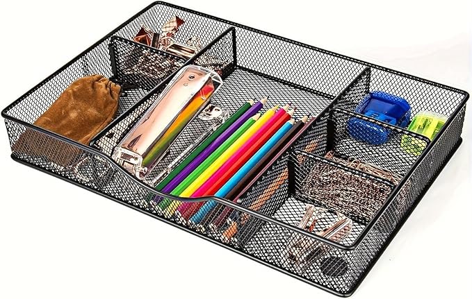Desk Drawer Organizer Tray, Metal Mesh Drawer Organizers Office, 6 Adjustable Compartment, Desk Organizer Tray for Home Office 12.87L x 8.73D x 1.96H inch, Black, 1PC Medium-NeatNest