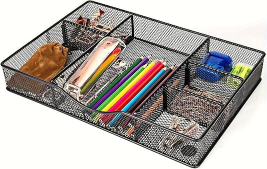Desk Drawer Organizer Tray, Metal Mesh Drawer Organizers Office, 6 Adjustable Compartment, Desk Organizer Tray for Home Office 12.87L x 8.73D x 1.96H inch, Black, 1PC Medium-NeatNest