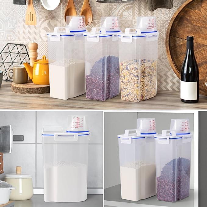 2 Pcs 5.5Lbs Rice Dispenser Storage Containers, Rice Container with Measuring Cup & Pour Spout, Kitchen Plastic Airtight Container for Cereal, Grain, Flour, Sugar, Oatmeal, Dry Pet Dog Food-NeatNest