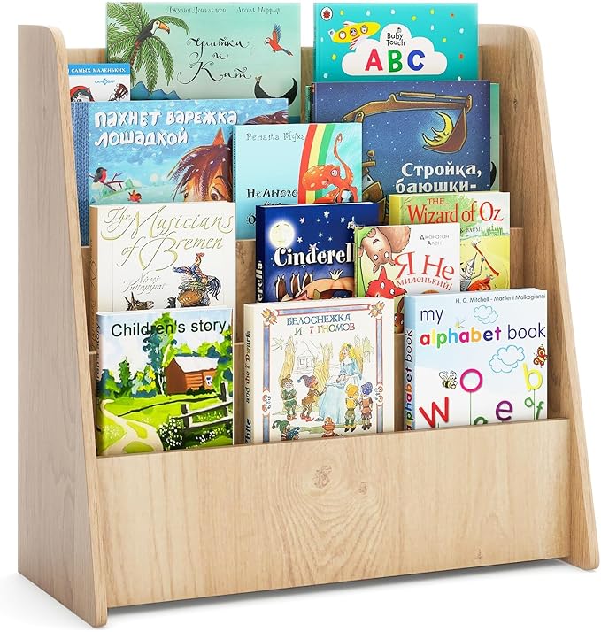 Costzon 4-Tier Kids Bookshelf, Front Facing Children Bookcase with Deep Compartments, Magazine Storage Rack for Kids Bedroom, Playroom, Nursery, Classroom, Kindergarten (Natural)-NeatNest