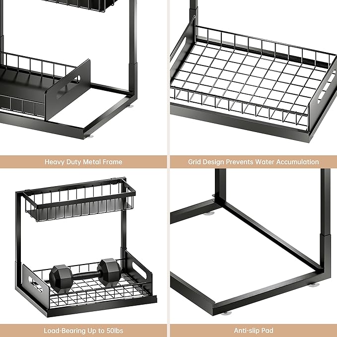 VUSIGN Under Kitchen Sink Organizer 2 Tier, Pull Out Under Sink Organizers and Storage, Bathroom Cabinet Kitchen Organization Storage Shelf, 1 Pack Black-NeatNest