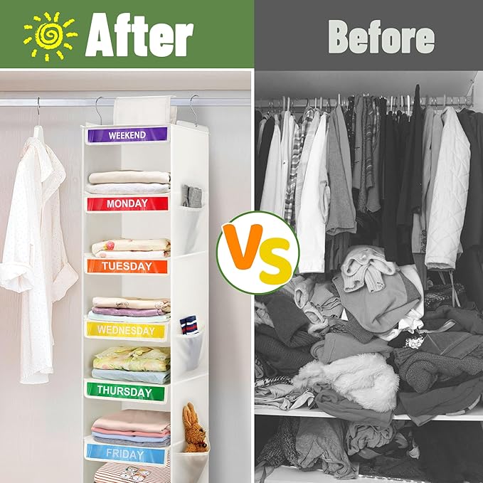 2 Pack 6-Shelf Weekly Clothes Organizer for Kids, Hanging Daily Closet Organization with 6 Side Pockets, Days of The Week Clothing Divider Storage for Boys and Girls (White)-NeatNest