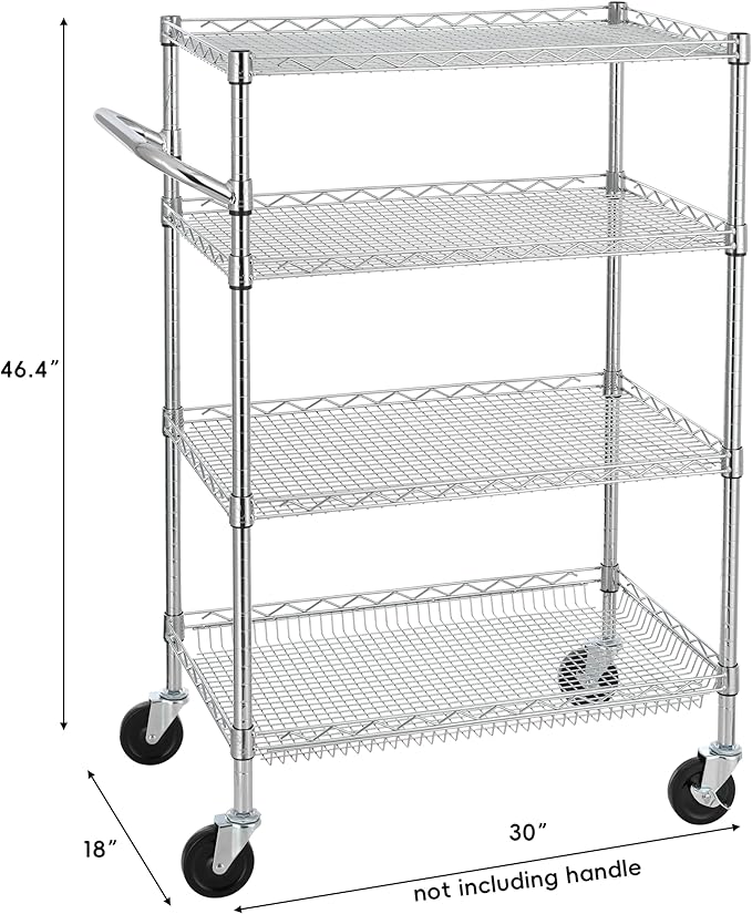Finnhomy 4 Tier Heavy Duty Commercial Grade Rolling Cart with Handle Bar, Metal Wire Utility Cart with Wheels, Service Trolley on Wheels, Shelf Size 18" D x 30" W, NSF Listed, Chrome