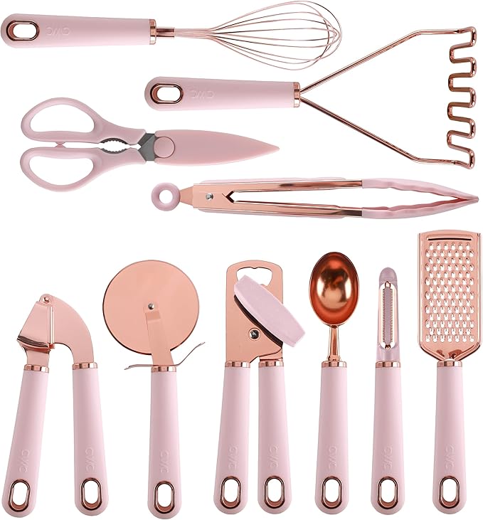 COOK WITH COLOR Kitchen Gadget Set Copper Plated Stainless Steel Utensils with Soft Touch Handles, Copper Pink, 10 Pieces-NeatNest