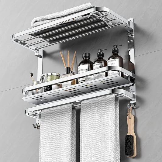 22.8Inch Towel Rack for Bathroom and Lavatory Towel Hanger with Wall Mount Towel Bars 304 Stainless Steel No Drill (Collapsible Towel Rack with Bathroom Organize Shower Shelves)